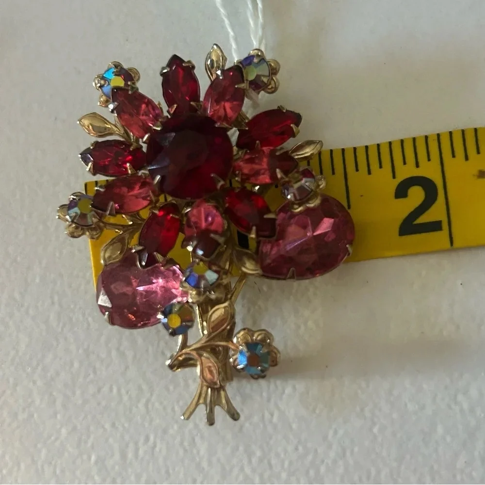 🍀 3 for $25 NWT Floral Burgundy Ruby Red Blue Gold Tone Gemstone Pin Brooch
